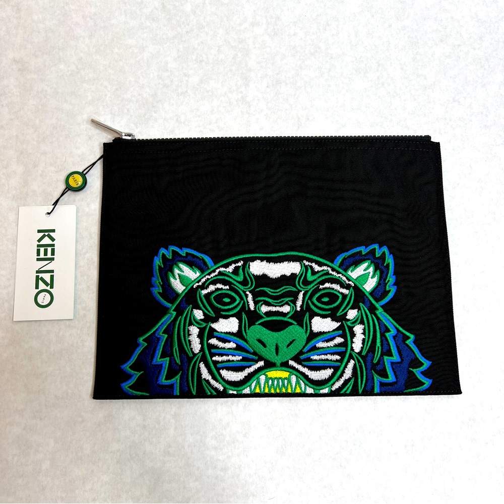 KENZO PARIS Black Nylon Embroidered Tiger Clutch Pouch